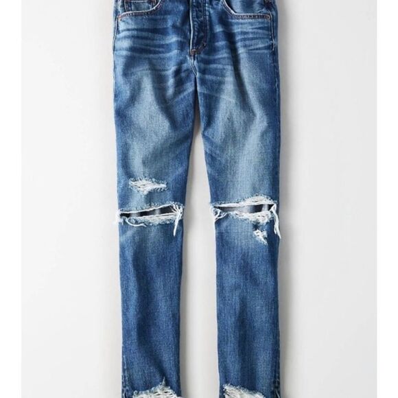 American Eagle hi-rise distressed, raw hem Girlfriend Jeans - Picture 3 of 8